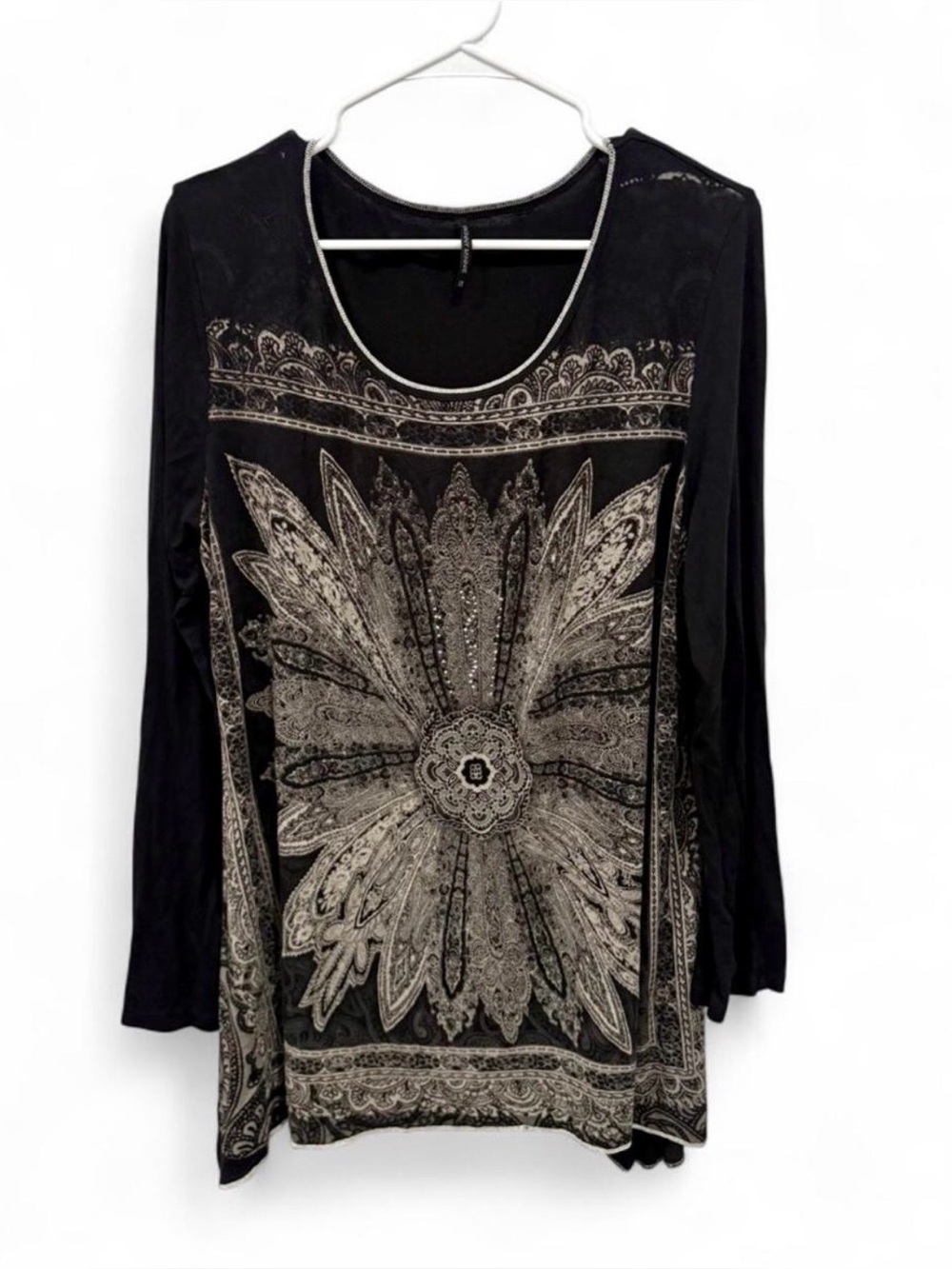 Skinny Minnie Y2K Black & Gray Paisley Medallion Long Sleeve Tunic Top 1X Boho